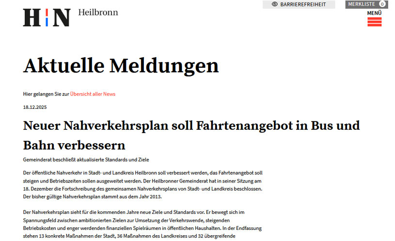 Pressemitteilung nbsw nahverkehrsberatung entwickelt neuen Nahverkehrsplan für die Stadt Heilbronn.