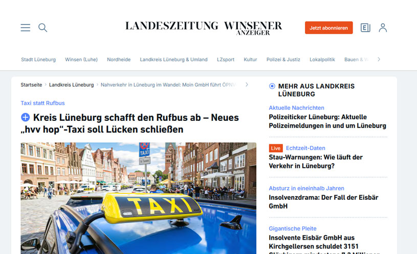 Screenshot Landeszeitung.de - Kreis Lüneburg schafft den Rufbus ab