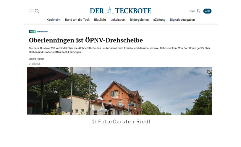 Screenshot teckbote.de - Oberlenningen ist ÖPNV-Drehscheibe