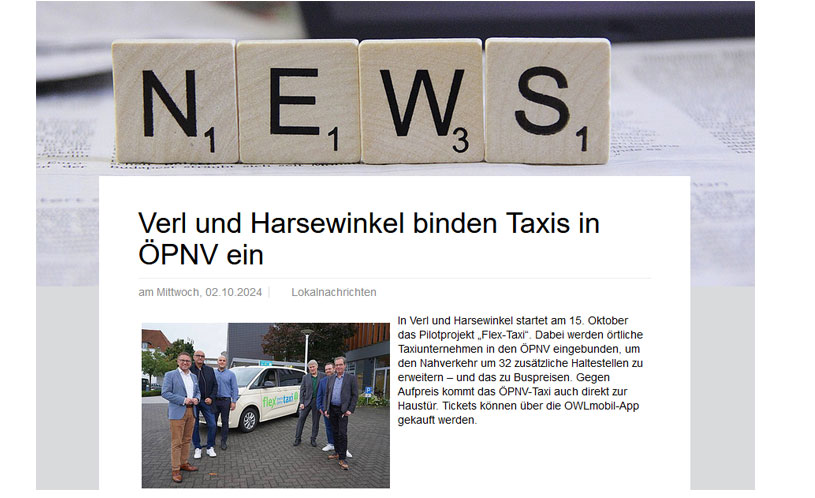 Screenshot Verl und Harsewinkel binden Taxis in ÖPNV ein