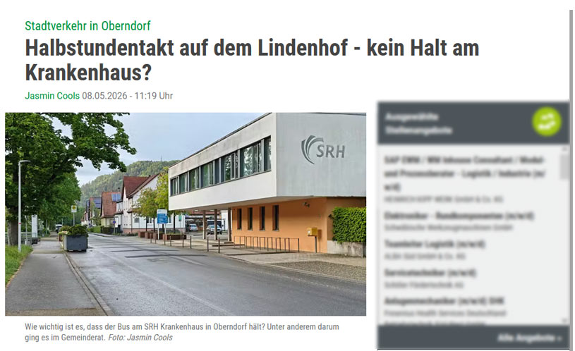 Pressemitteilung: Stadtverkehr in Oberndorf. Halbstundentakt auf dem Lindenhof - kein Halt am Krankenhaus?